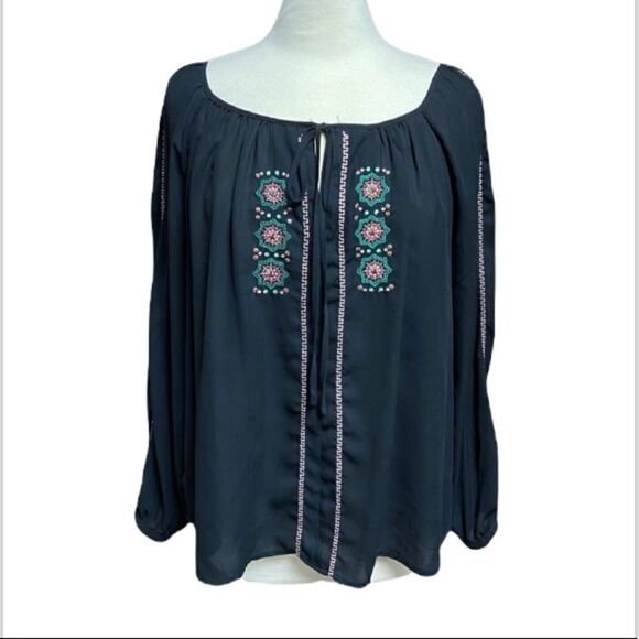GB Black Sheer Embroidery Tie Front Blouse - Picture 1 of 6